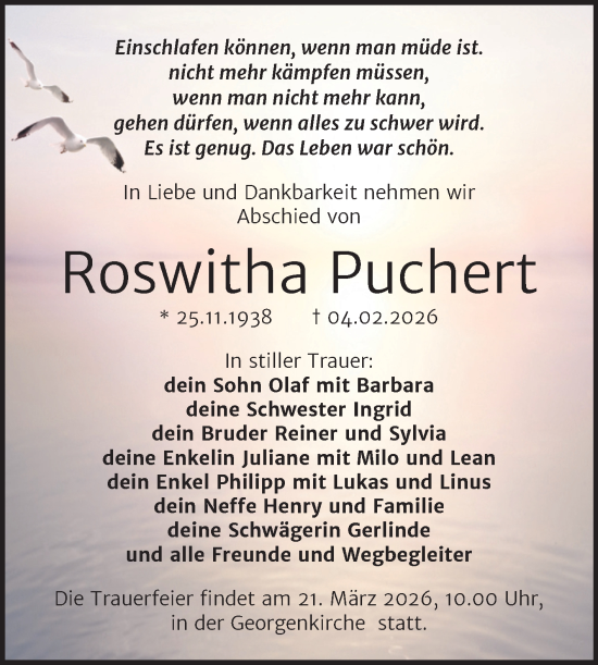 Traueranzeige von Roswitha Puchert von Trauerkombi Dessau