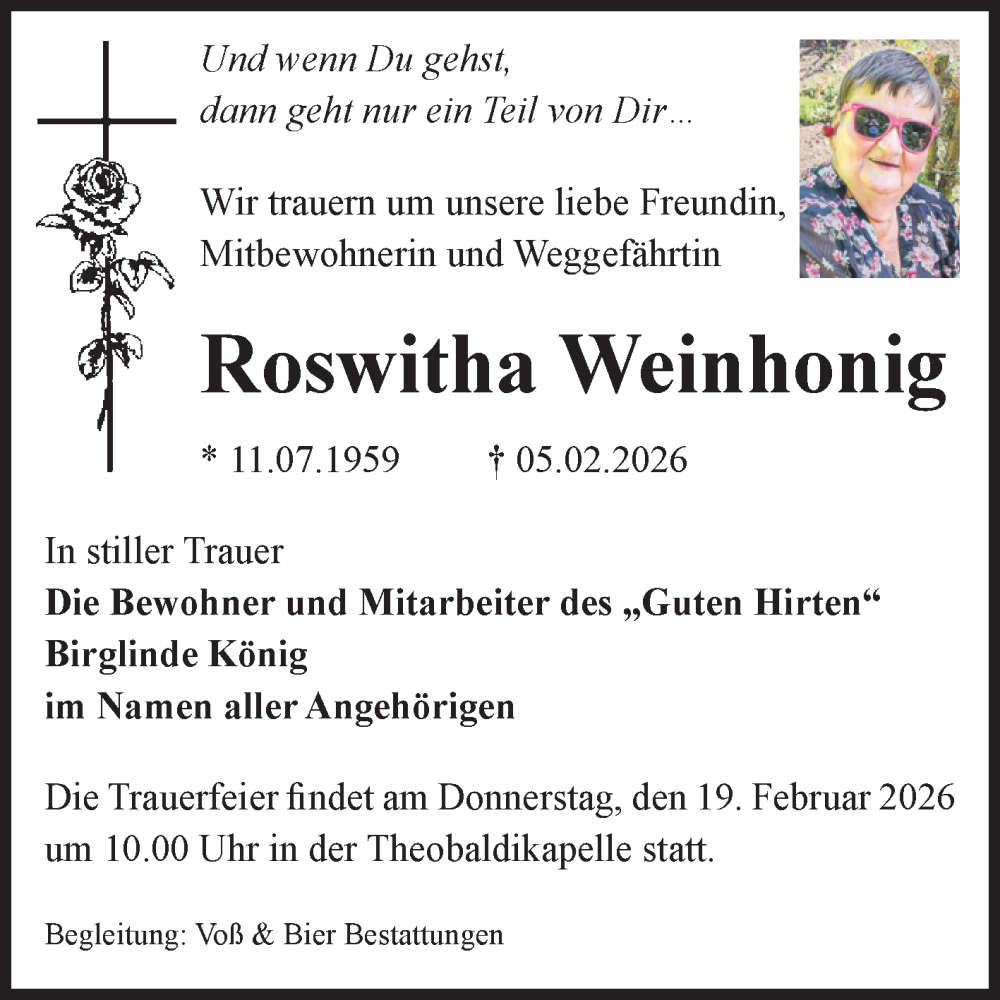  Traueranzeige für Roswitha Weinhonig vom 14.02.2026 aus Volksstimme Wernigerode