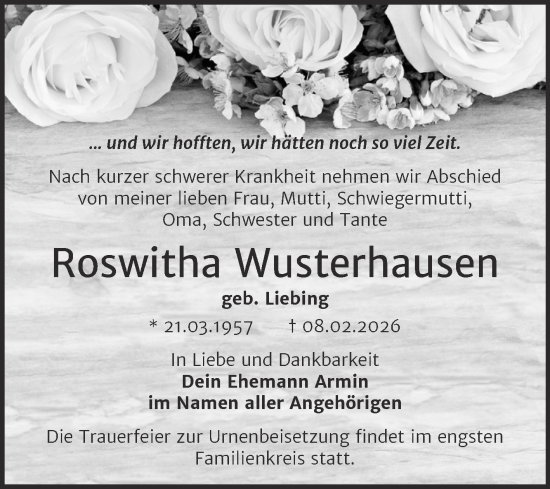 Traueranzeige von Roswitha Wusterhausen von Trauerkombi Merseburg