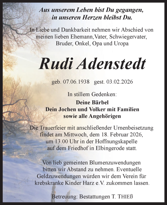 Traueranzeige von Rudi Adenstedt von Volksstimme Wernigerode