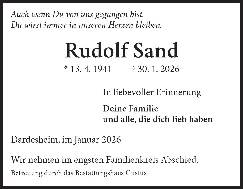  Traueranzeige für Rudolf Sand vom 14.02.2026 aus Volksstimme Halberstadt