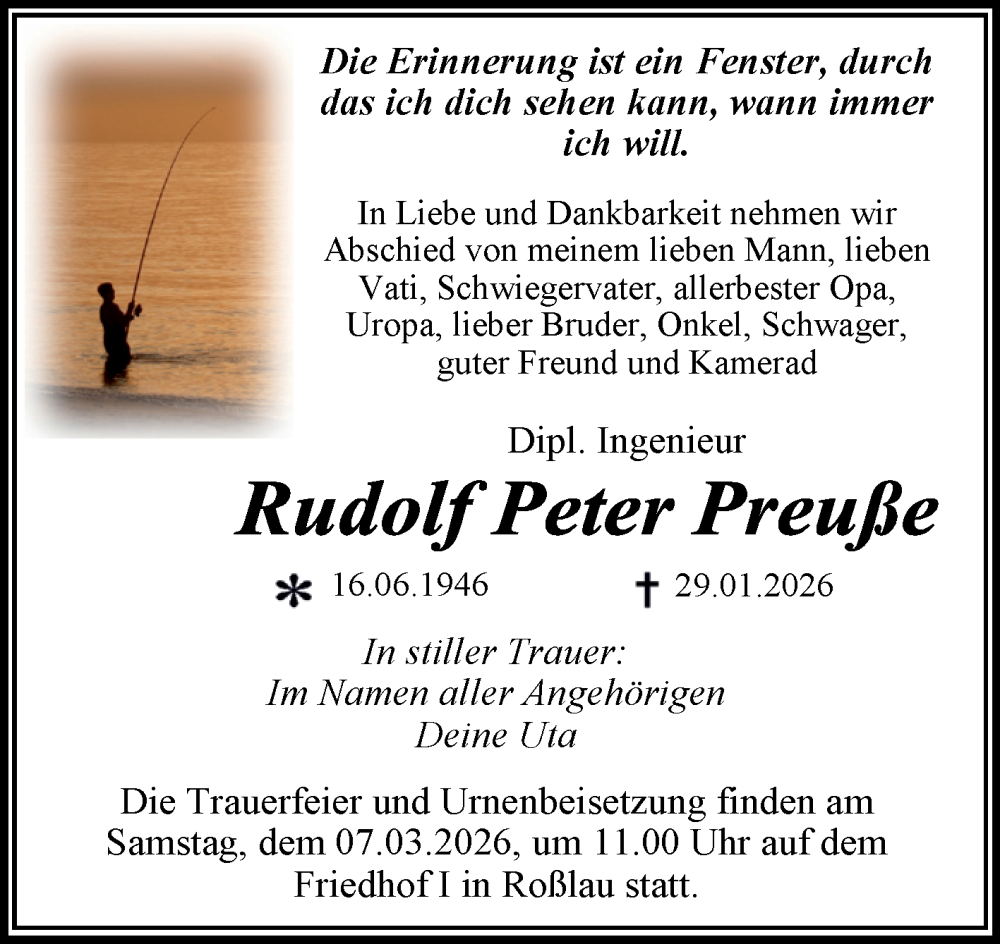 Traueranzeige für Rudolf Peter Preuß vom 07.02.2026 aus Trauerkombi Dessau