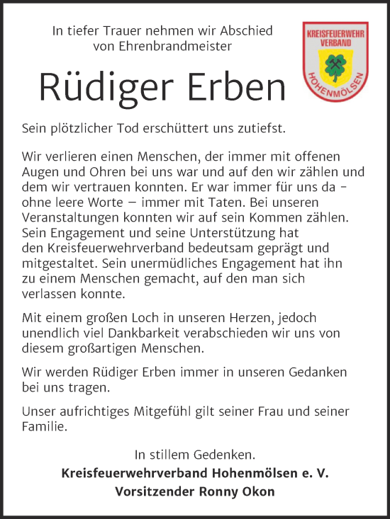 Traueranzeige von Rüdiger Erben von Trauerkombi Weißenfels