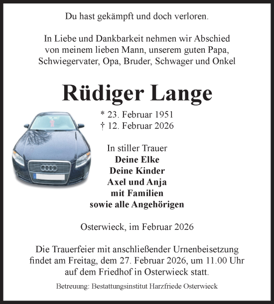 Traueranzeige von Rüdiger Lange von Volksstimme Halberstadt