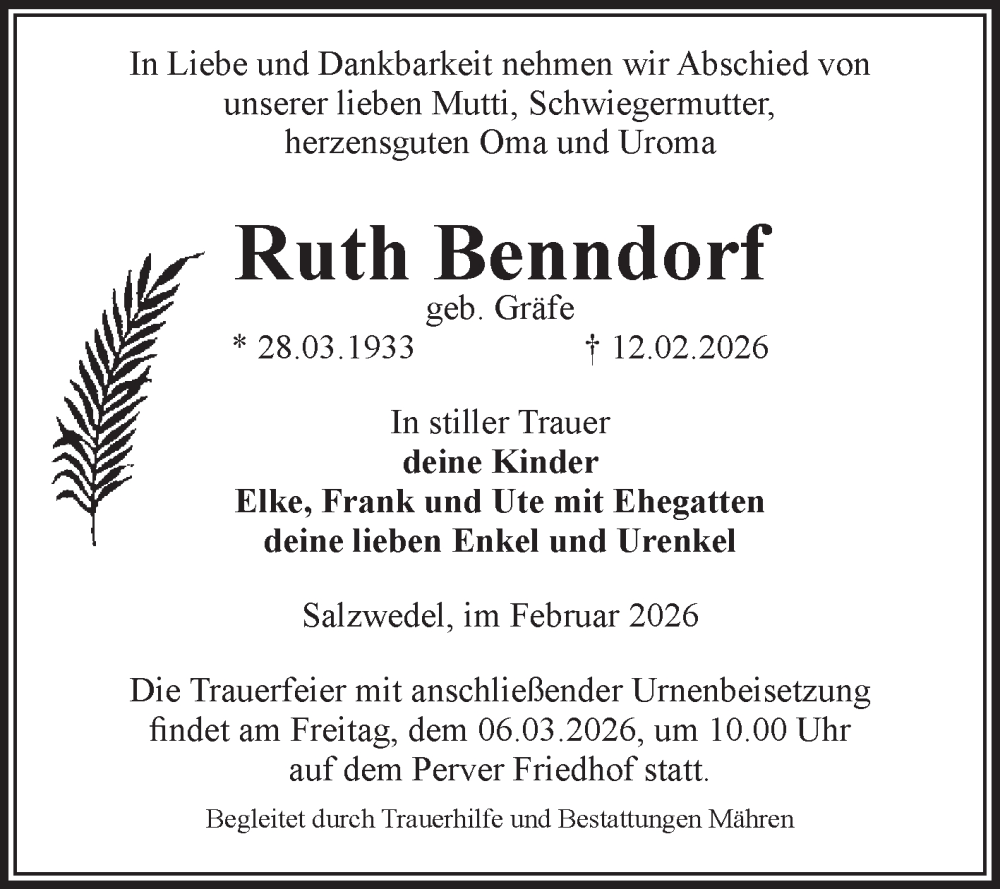  Traueranzeige für Ruth Benndorf vom 17.02.2026 aus Volksstimme Altmark West