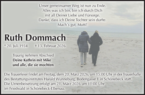 Traueranzeige von Ruth Dommach von Volksstimme Schönebeck
