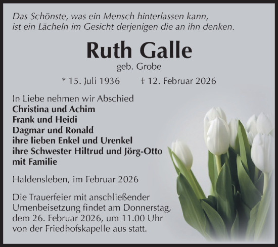 Traueranzeige von Ruth Galle von Volksstimme Haldensleben/Wolmirstedt
