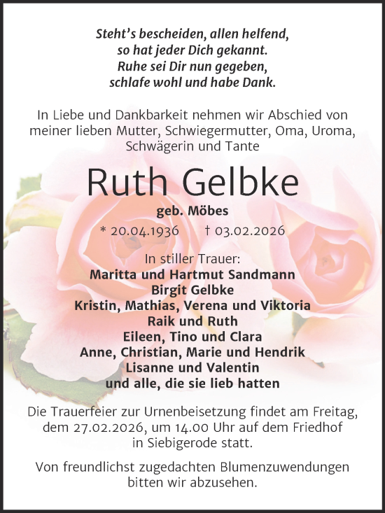 Traueranzeige von Ruth Gelbke von Trauerkombi Mansfelder Land