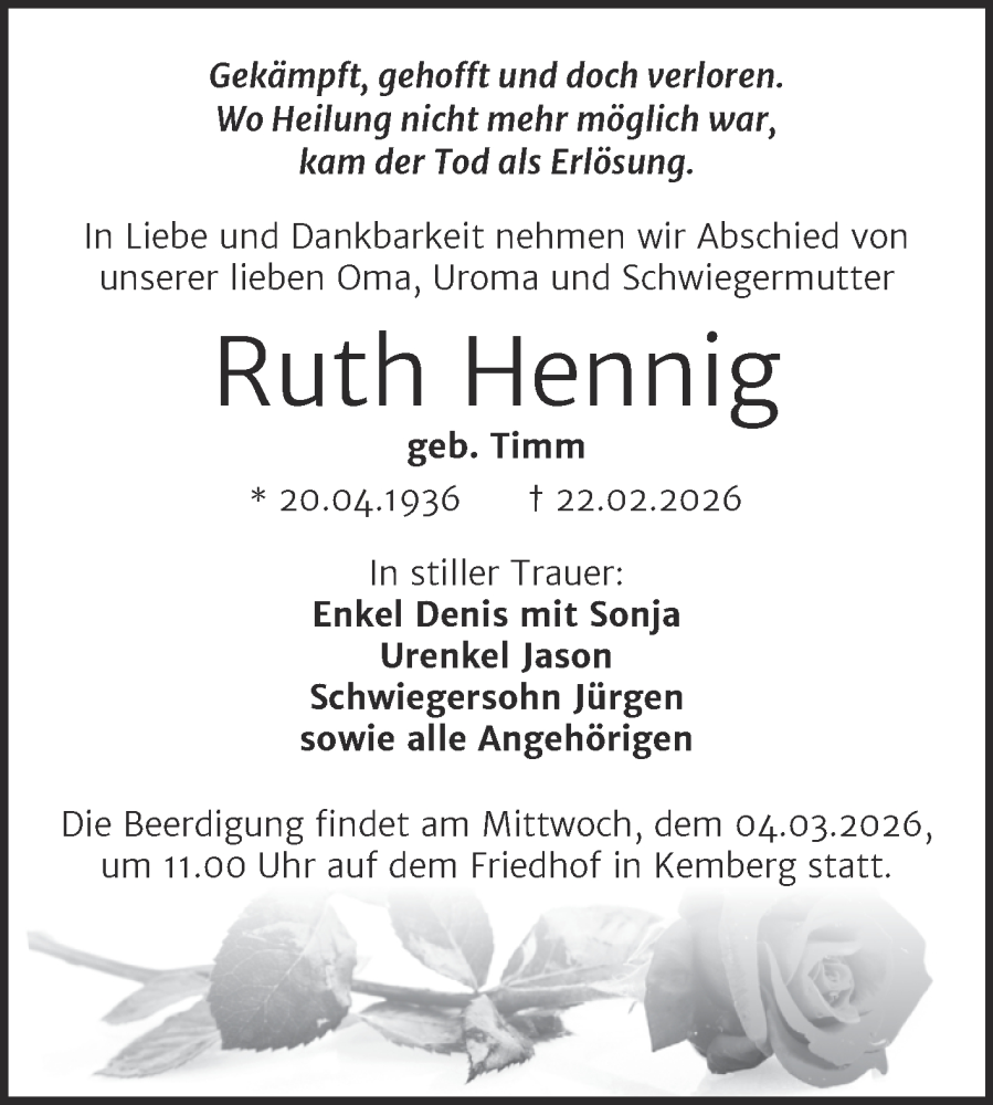  Traueranzeige für Ruth Hennig vom 28.02.2026 aus Trauerkombi Wittenberg