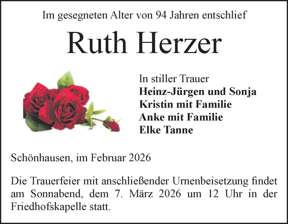  Traueranzeige für Ruth Herzer vom 28.02.2026 aus Volksstimme Altmark Ost
