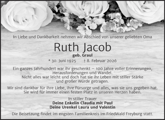 Traueranzeige von Ruth Jacob von Mitteldeutsche Zeitung Weißenfels