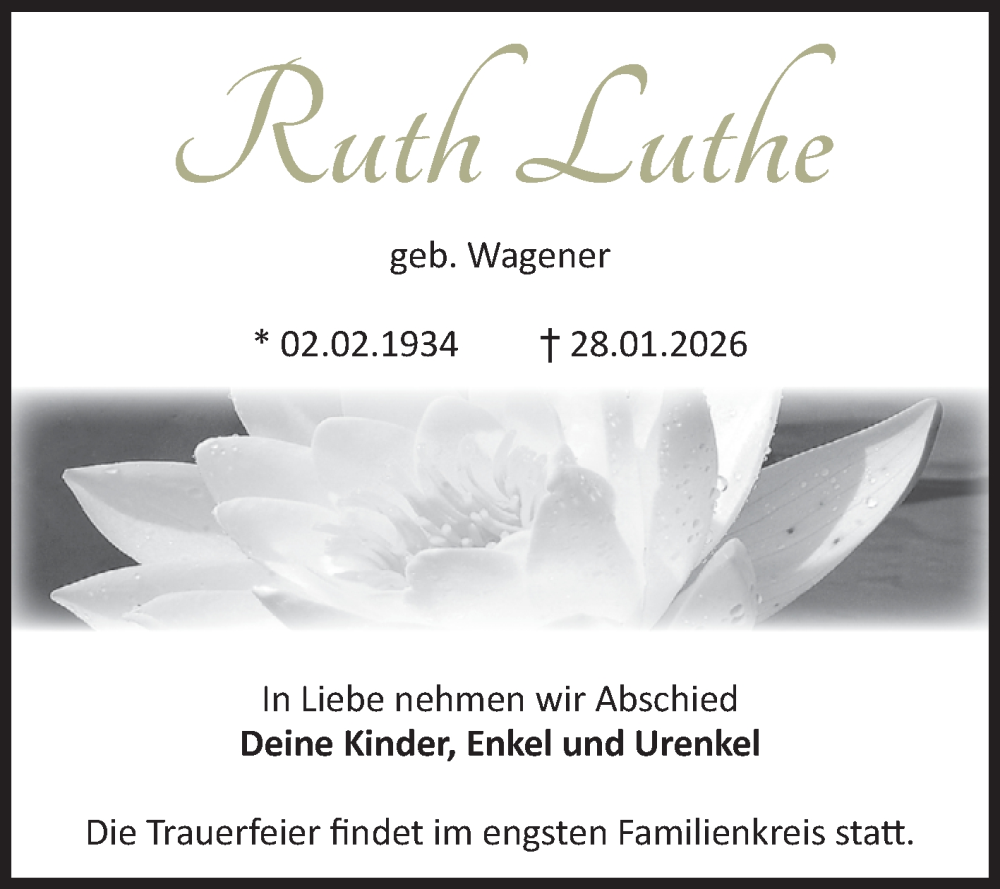  Traueranzeige für Ruth Luthe vom 07.02.2026 aus Volksstimme Burg/Genthin