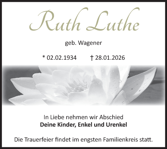 Traueranzeige von Ruth Luthe von Volksstimme Burg/Genthin