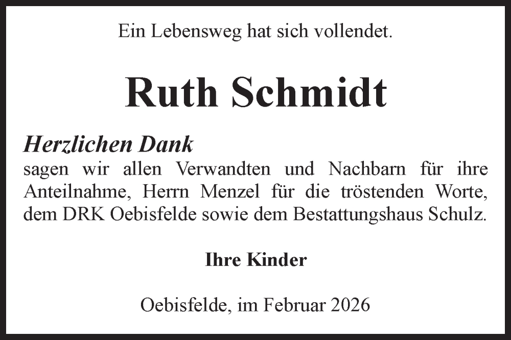  Traueranzeige für Ruth Schmidt vom 07.02.2026 aus Volksstimme Altmark West