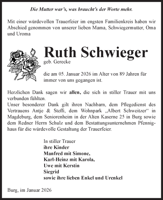 Traueranzeige von Ruth Schwieger von Volksstimme Burg/Genthin