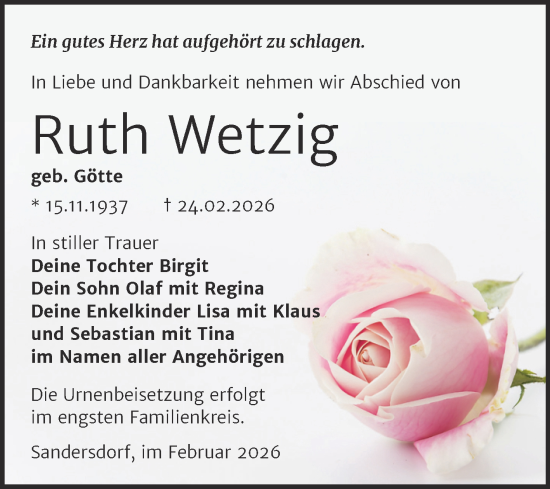 Traueranzeige von Ruth Wetzig von Trauerkombi Bitterfeld