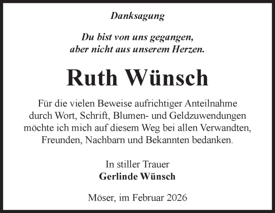 Traueranzeige von Ruth Wünsch von Volksstimme Burg/Genthin