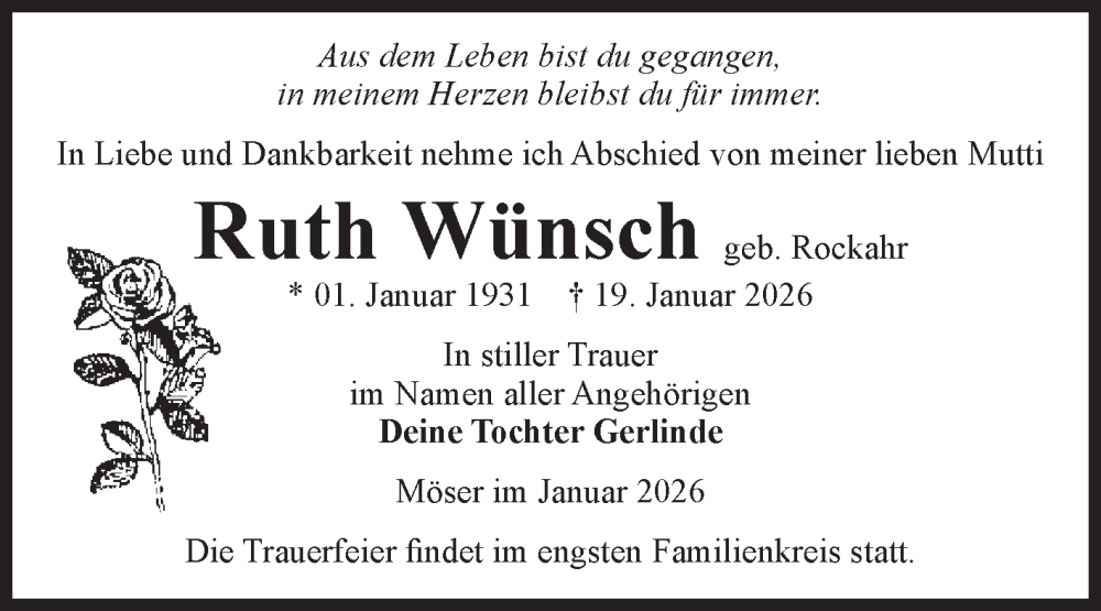  Traueranzeige für Ruth Wünsch vom 06.02.2026 aus Volksstimme Burg/Genthin