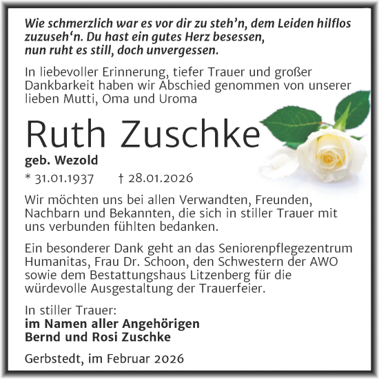 Traueranzeige von Ruth Zuschke von Trauerkombi Mansfelder Land