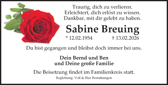 Traueranzeige von Sabine Breuing von Volksstimme Wernigerode