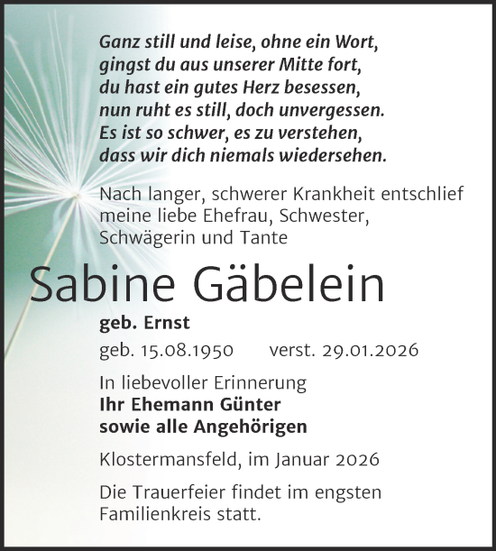 Traueranzeige von Sabine Gäbelein von Trauerkombi Mansfelder Land