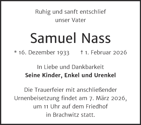 Traueranzeige von Samuel Nass von Mitteldeutsche Zeitung Halle/Saalkreis