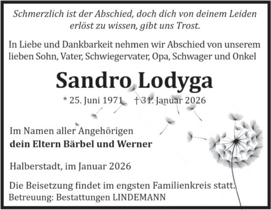 Traueranzeige von Sandro Lodyga von Volksstimme Halberstadt