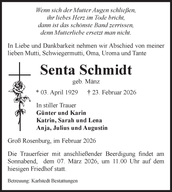 Traueranzeige von Senta Schmidt von Volksstimme Schönebeck
