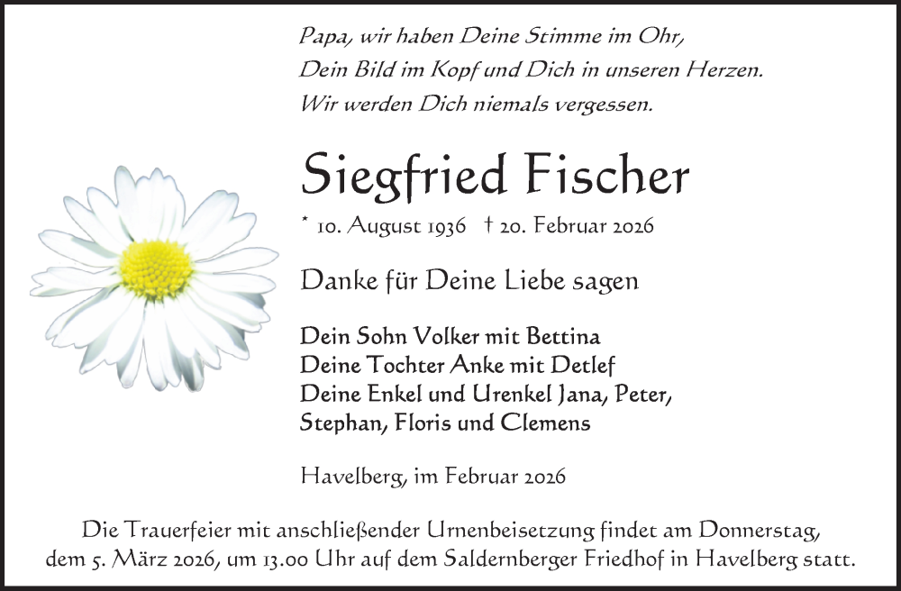  Traueranzeige für Siegfried Fischer vom 25.02.2026 aus Volksstimme Altmark Ost