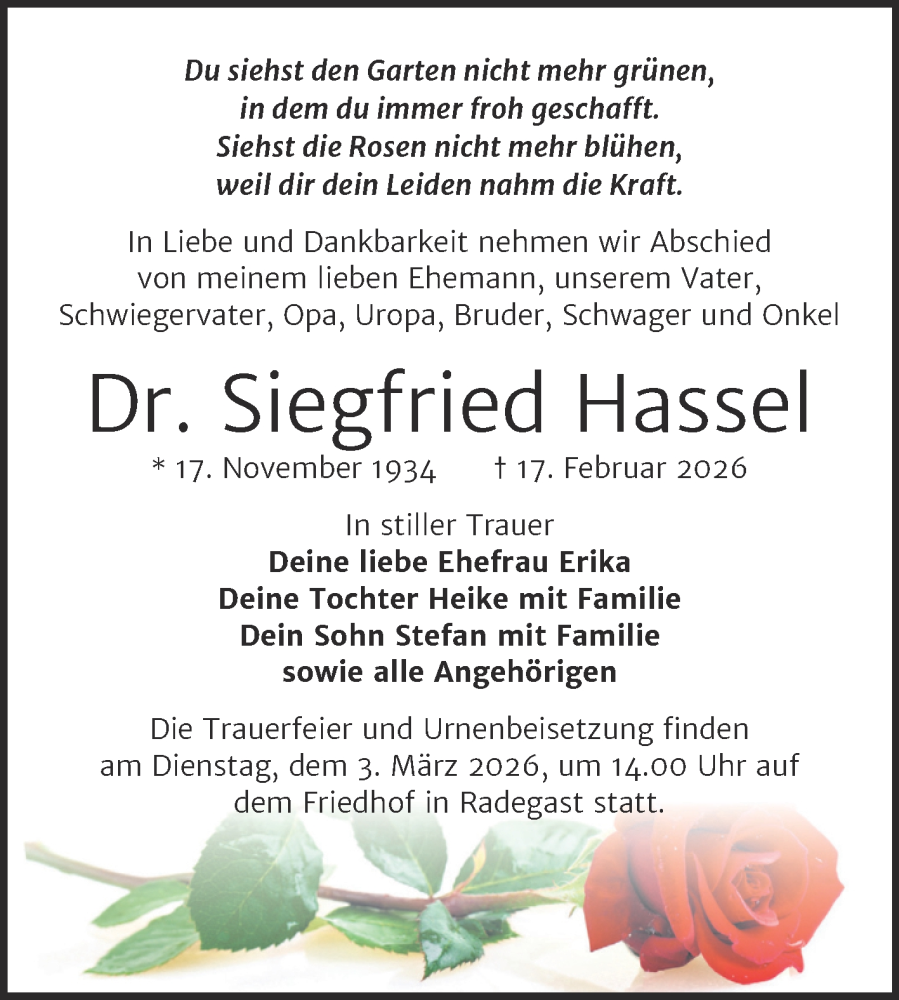  Traueranzeige für Siegfried Hassel vom 21.02.2026 aus Trauerkombi Köthen