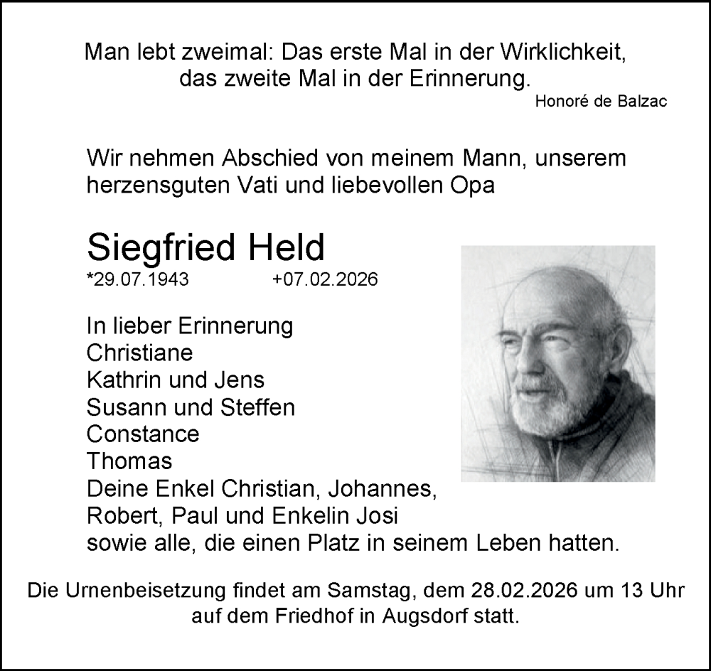  Traueranzeige für Siegfried Held vom 14.02.2026 aus Super Sonntag Mansfelder Land