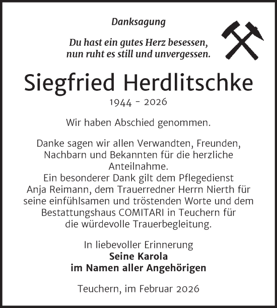 Traueranzeige von Siegfried Herdlitschke von Trauerkombi Weißenfels
