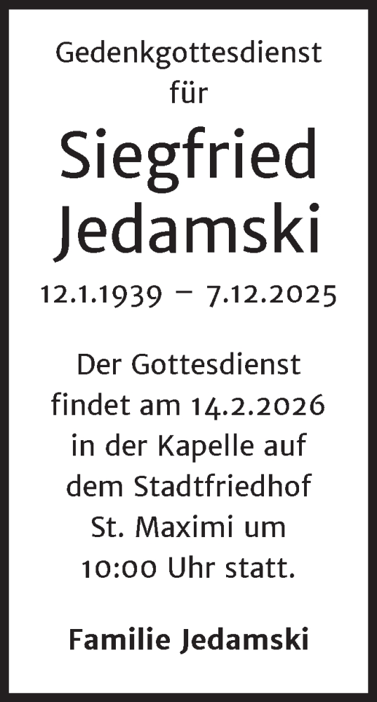 Traueranzeige von Siegfried Jedamski von Trauerkombi Merseburg