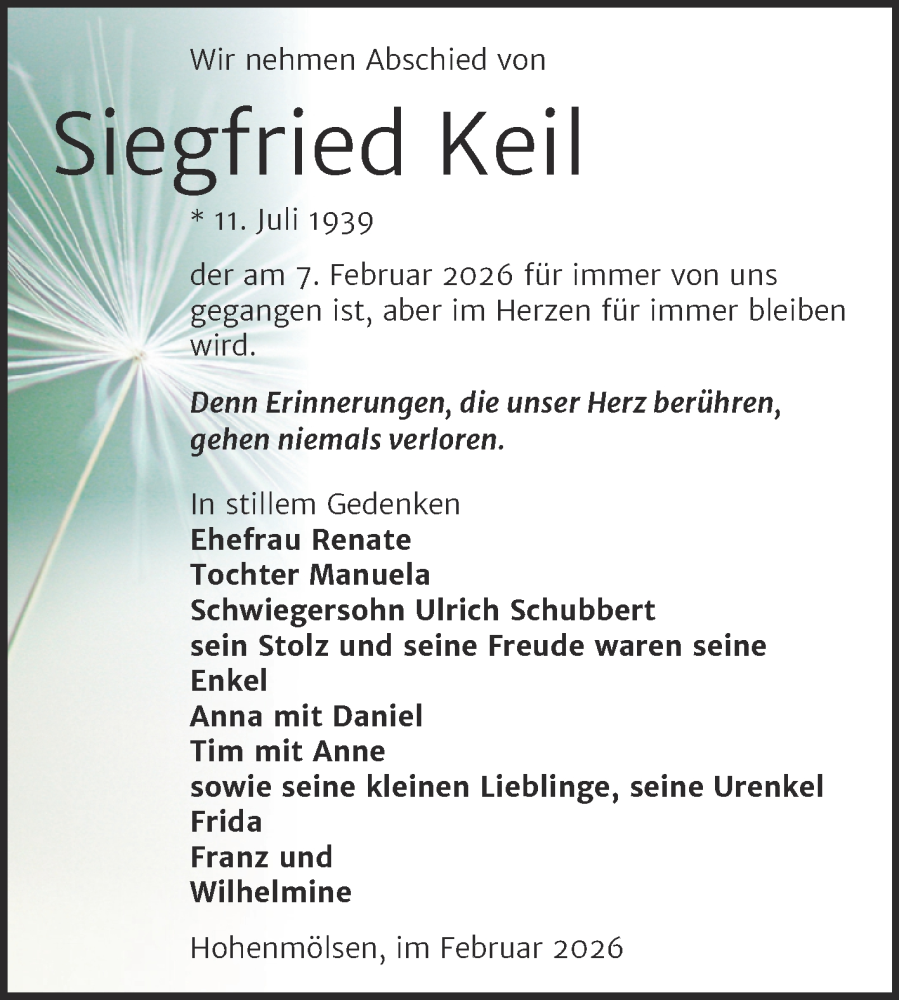  Traueranzeige für Siegfried Keil vom 21.02.2026 aus Trauerkombi Weißenfels