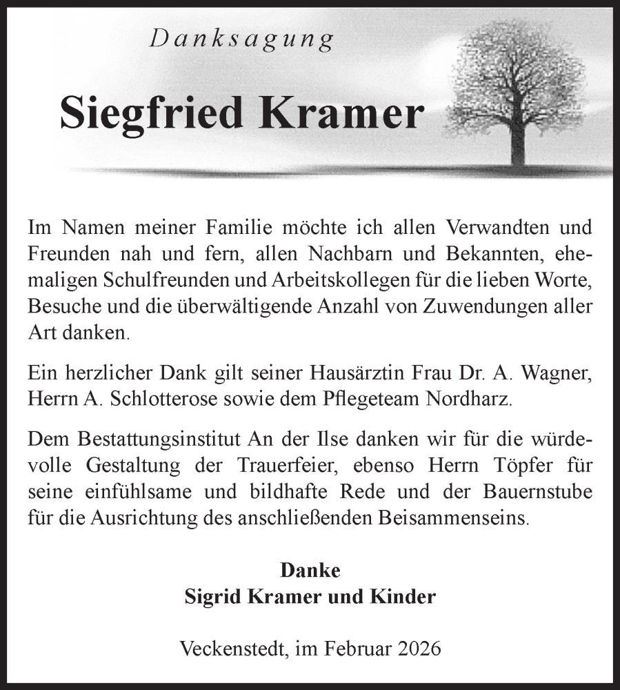  Traueranzeige für Siegfried Kramer vom 07.02.2026 aus Volksstimme Wernigerode