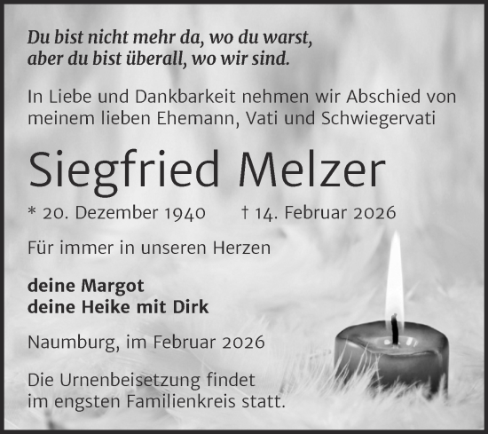 Traueranzeige von Siegfried Melzer von Super Sonntag Naumburg/Nebra