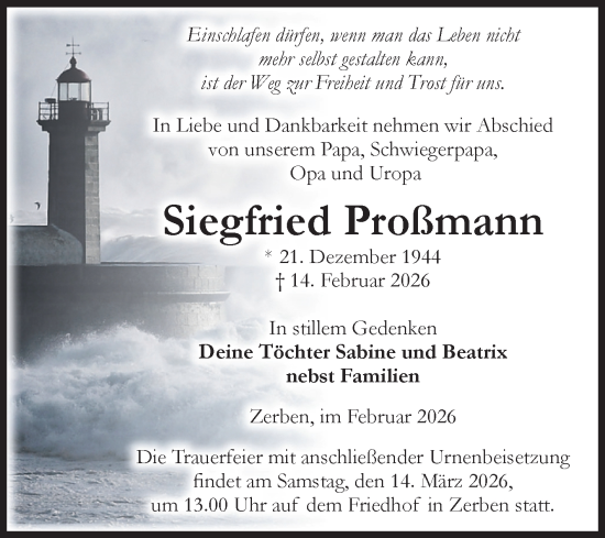 Traueranzeige von Siegfried Proßmann von Volksstimme Burg/Genthin