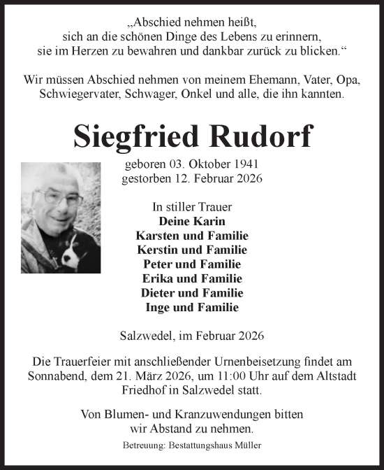 Traueranzeige von Siegfried Rudorf von Volksstimme Altmark West