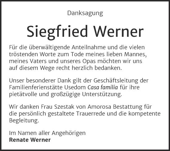 Traueranzeige von Siegfried Werner von Trauerkombi Dessau