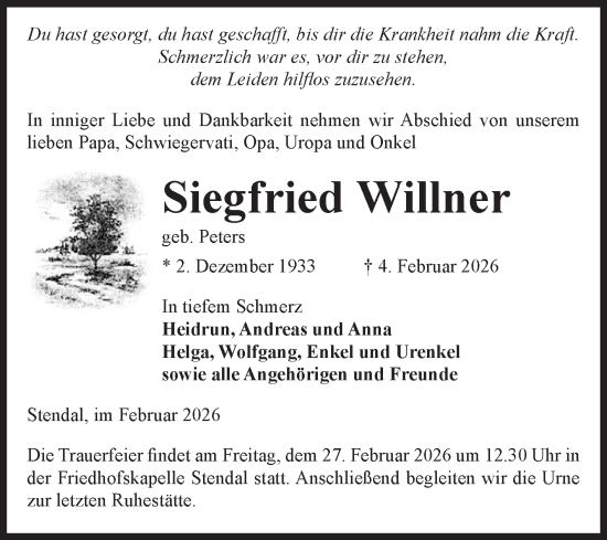 Traueranzeige von Siegfried Willner von Volksstimme Altmark Ost