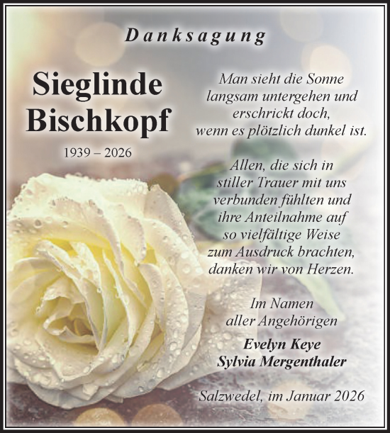 Traueranzeige von Sieglinde Bischkopf von Volksstimme Altmark West