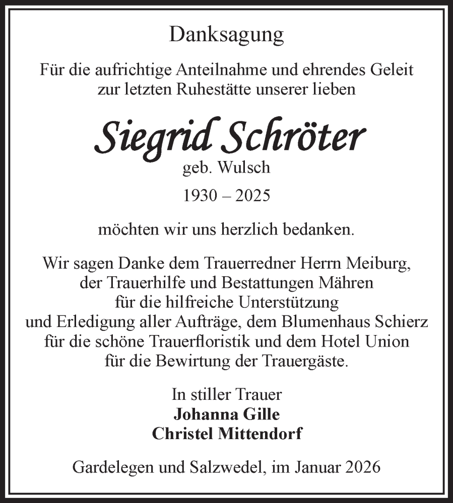  Traueranzeige für Siegrid Schröter vom 06.02.2026 aus Volksstimme Altmark West