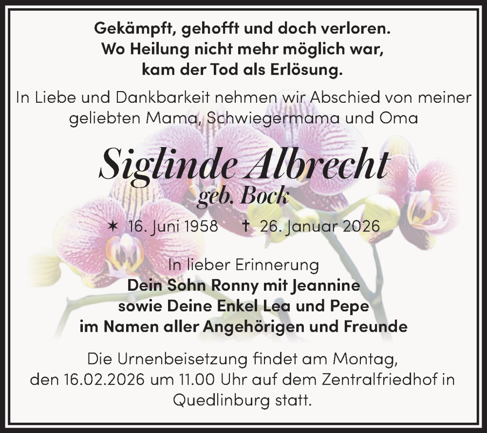  Traueranzeige für Siglinde Albrecht vom 07.02.2026 aus Trauerkombi Quedlinburg