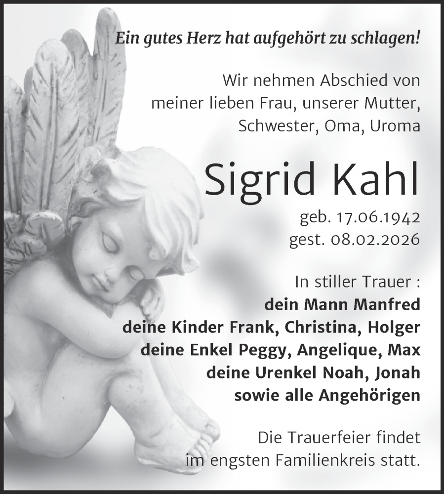  Traueranzeige für Sigrid Kahl vom 21.02.2026 aus Trauerkombi Aschersleben