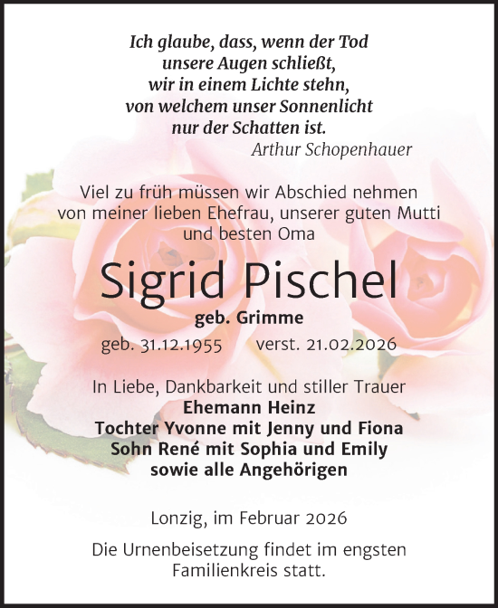 Traueranzeige von Sigrid Pischel von Trauerkombi Zeitz