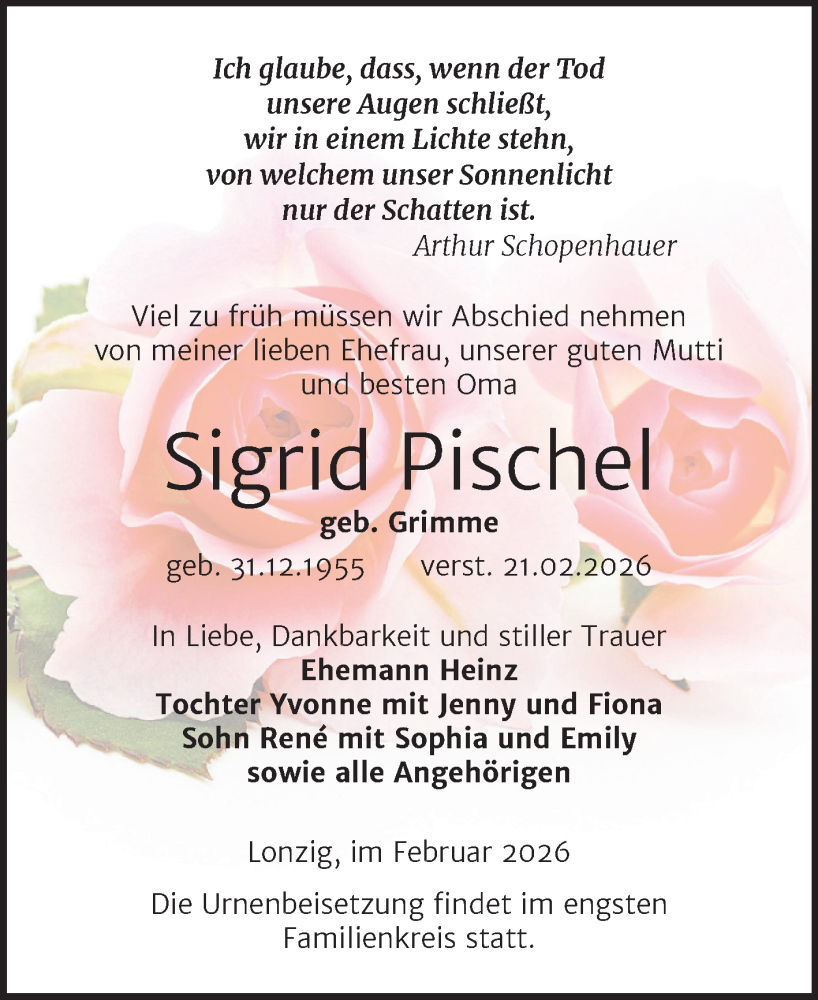  Traueranzeige für Sigrid Pischel vom 28.02.2026 aus Trauerkombi Zeitz