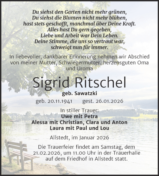 Traueranzeige von Sigrid Ritschel von Trauerkombi Sangerhausen
