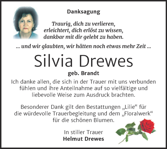 Traueranzeige von Silvia Drewes von Trauerkombi Dessau