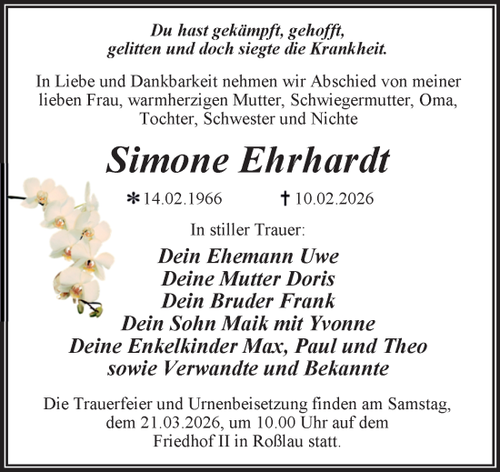 Traueranzeige von Simone Ehrhardt von Trauerkombi Dessau