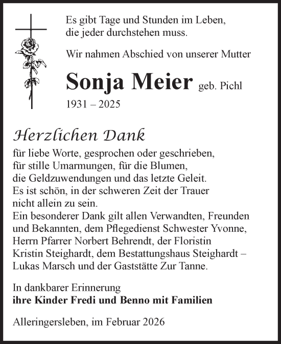 Traueranzeige von Sonja Meier von Volksstimme Haldensleben/Wolmirstedt